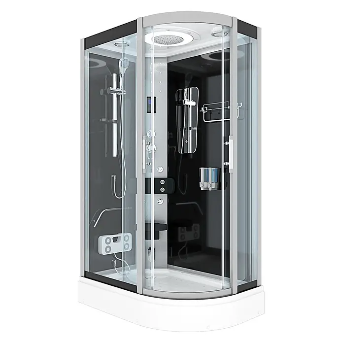 AcquaVapore Komplettdusche Dampfdusche D60-73T3R-EC - 80 x 120 x 215 cm, Schwarz - Moderne Eckduschkabine mit Klarglas, dunklem Interieur, Chromarmaturen, Regendusche, Handbrause und Bedienfeld.