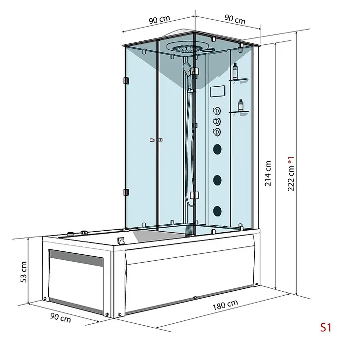 AcquaVapore Komplettdusche Fertigdusche K05-L01 - 180 x 90 x 225 cm, Weiß - Technische Zeichnung einer weißen Duschkabine mit klarer Glasduschabtrennung und integrierter Badewanne, inklusive Maße.