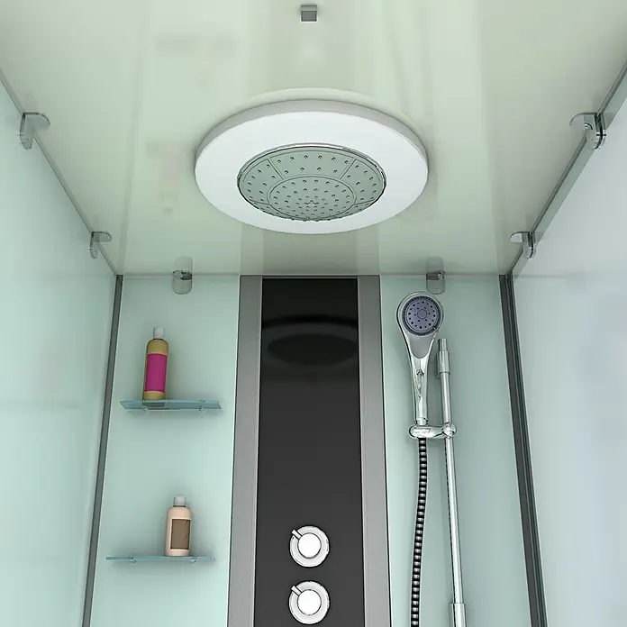 AcquaVapore Komplettdusche Fertigdusche K05-L02-WP - Weiß - Moderner Duschkabinen-Innenraum mit großer Kopfbrause, Handbrause und Bedienelementen. Glasablagen halten Toilettenartikel.