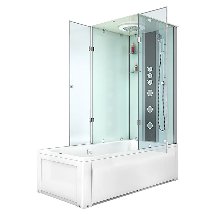 AcquaVapore Komplettdusche Fertigdusche K05-L02-EC - Weiß - Weiße Badewanne mit integrierter Glas-Duschkabine, Regendusche, Handbrause und Massagedüsen.
