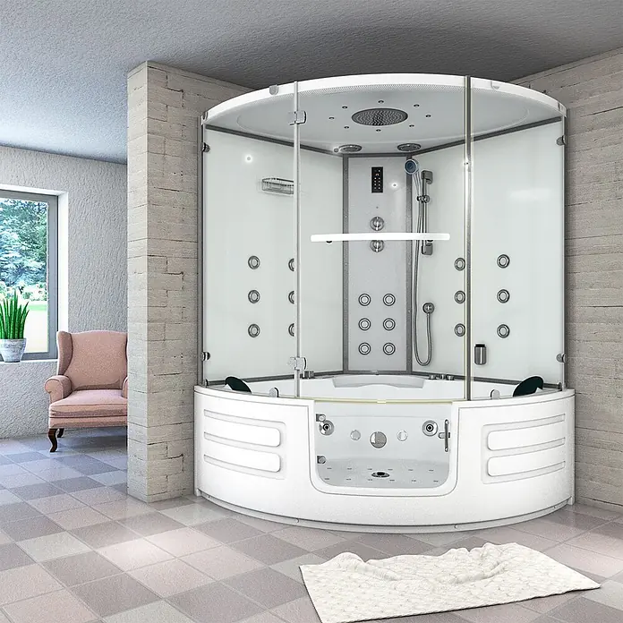 AcquaVapore Komplettdusche Dampfdusche K70-WS-EH-EC - Weiß - Weiße Eck-Duschkabine mit Whirlpool, Klarglas, Hydromassagedüsen und digitaler Steuerung.