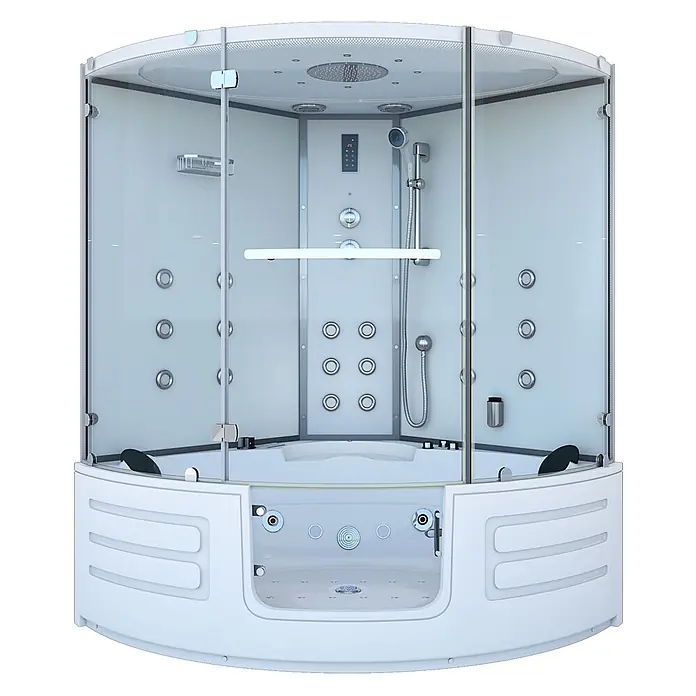 AcquaVapore Komplettdusche Dampfdusche K70-WS-EH-EC - Weiß - Moderne weiße Duschkabine mit integrierter Whirlpool-Badewanne und mehreren Wasserdüsen, umgeben von Klarglas.