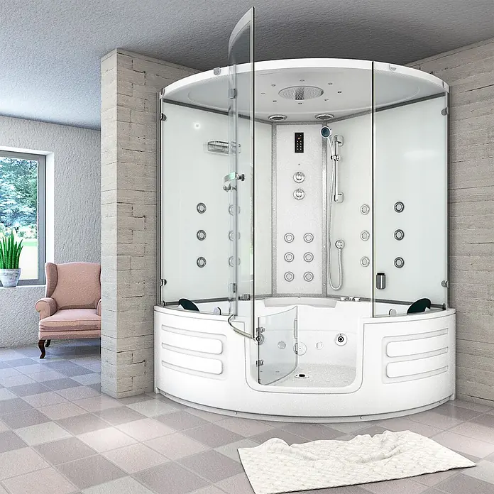 AcquaVapore Komplettdusche Dampfdusche K70-WS-EH-EC - Weiß - Weiße, abgerundete Multifunktions-Duschkabine mit integrierter Wanne, Glastüren und Massagedüsen.