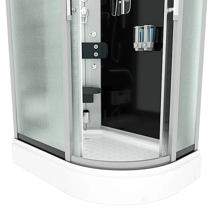 AcquaVapore Komplettdusche Dampfdusche D60-73M2R-EC - Schwarz - Eckduschkabine mit Milchglasplatten, weißer Basis und schwarzen Innenausstattungsmerkmalen.