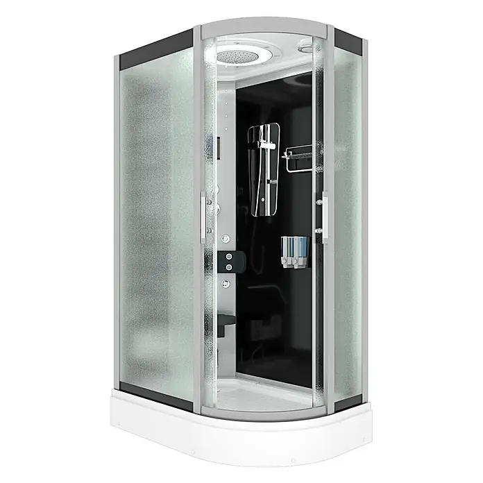 AcquaVapore Komplettdusche Dampfdusche D60-73M2R-EC - Schwarz - Moderne Duschkabine mit weißem Rahmen, Milchglaswänden, schwarzer Rückwand und integrierten Funktionen wie Regenbrause und Massagedüsen.