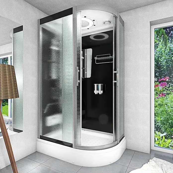 AcquaVapore Komplettdusche Dampfdusche D60-73M2R-EC - Schwarz - Moderne Eckduschkabine mit mattiertem Glas, schwarzer Rückwand, weißer Wanne, integriertem Duschkopf und Seifenspendern.