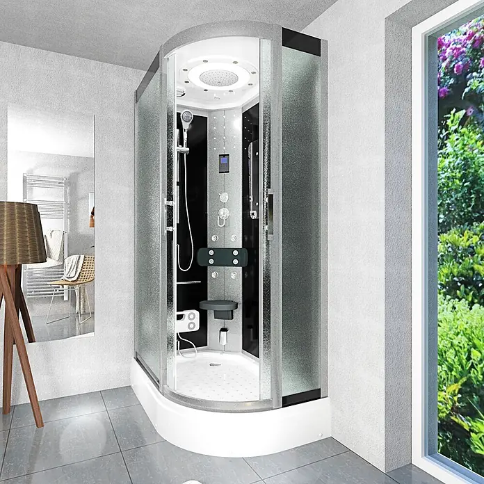 AcquaVapore Komplettdusche Dampfdusche D60-73M2R-EC - Schwarz - Moderne gebogene Duschkabine mit schwarzem und silbernem Interieur, Massagedüsen und integriertem Sitz im Badezimmer.