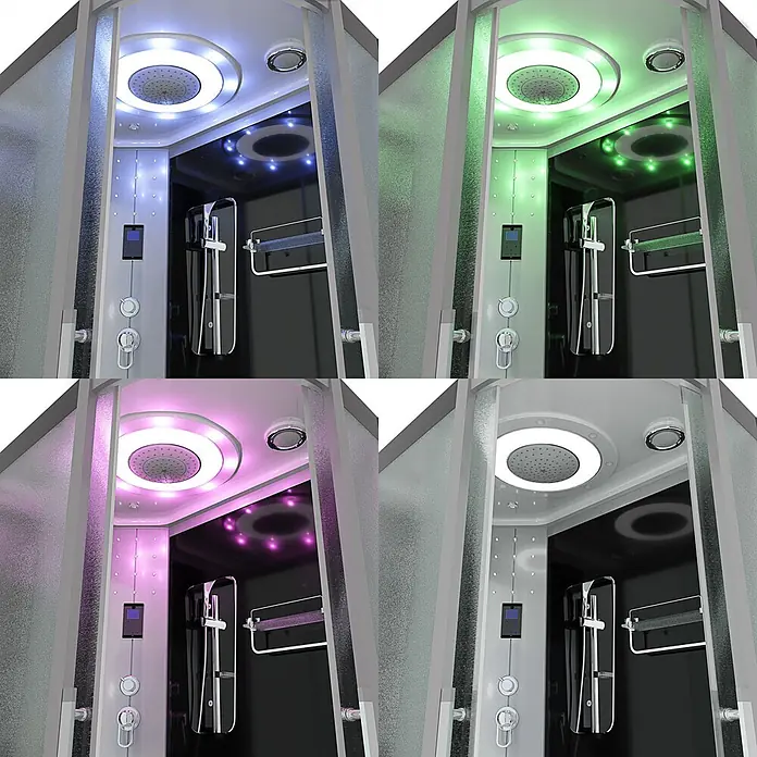 AcquaVapore Komplettdusche Dampfdusche D60-73M2R-EC - Schwarz - Moderne Duschkabine mit mattiertem Glas, schwarzem Interieur und anpassbarer LED-Beleuchtung, dargestellt in vier Farben.