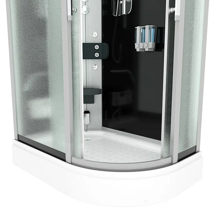 AcquaVapore Komplettdusche Dampfdusche D60-73M3R - Schwarz - Eckduschkabine mit mattiertem Glas, schwarzer Rückwand, weißer Basis und integrierten Seifenspendern.