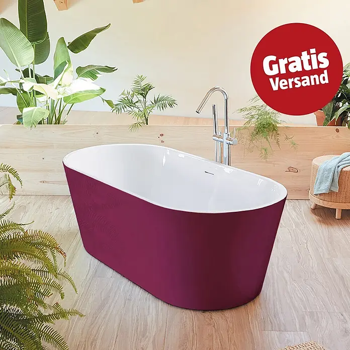 Camargue Freistehende Badewanne Torino - L x B: 170 x 80 cm, Sanitäracryl, Bordeaux/Weiß - Freistehende dunkelrote Badewanne mit weißer Innenseite in natürlicher Badumgebung.