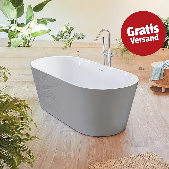 Camargue Freistehende Badewanne Torino - L x B: 170 x 80 cm, Sanitäracryl, Aluminium/Weiß - Weiß freistehende Badewanne in einem modernen Bad mit Naturholz und Pflanzen.