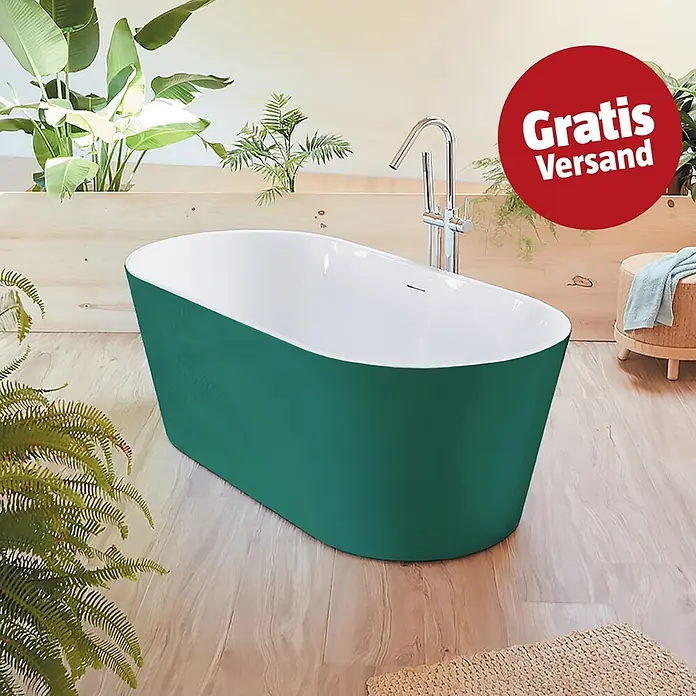 Camargue Freistehende Badewanne Torino - L x B: 170 x 80 cm, Sanitäracryl, Grün/Weiß - Freistehende Badewanne in Grün und Weiß in einem hellen Badezimmer mit Pflanzen.