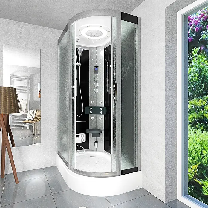 AcquaVapore Komplettdusche Dampfdusche D60-73M3R - Schwarz - Moderne gebogene Eckduschkabine mit klaren und strukturierten Glastüren, schwarzem Interieur und weißem Sockel.