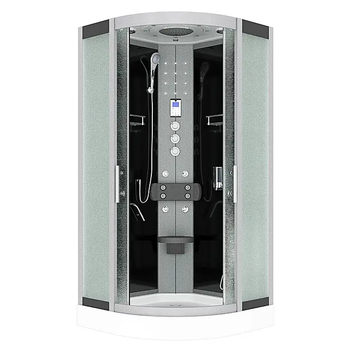 AcquaVapore Komplettdusche Fertigdusche D58-03M1-EC - Schwarz - Moderne Duschkabine mit Milchglas, grauen Paneelen, Kopf- und Handbrause, Massagedüsen und Sitz.