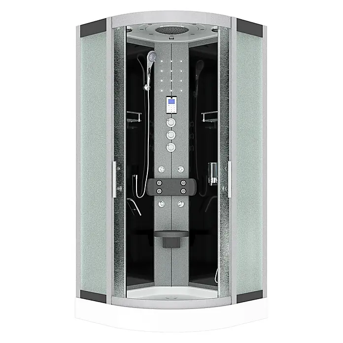 AcquaVapore Komplettdusche Fertigdusche D58-03M1-EC - Schwarz - Eckduschkabine mit mattierten Glaspaneelen, grauem strukturiertem Inneren, Kopfbrause, Handbrause, Massagedüsen und Bedienfeld.
