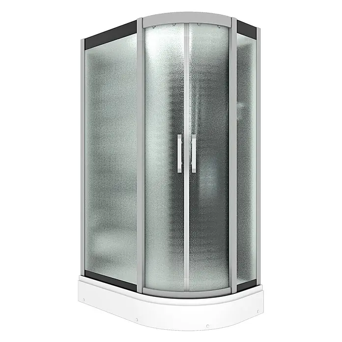 AcquaVapore Komplettdusche Dampfdusche D60-73M3R - Schwarz - Eckduschkabine mit Milchglasplatten, silbernem Rahmen und weißer Duschwanne.
