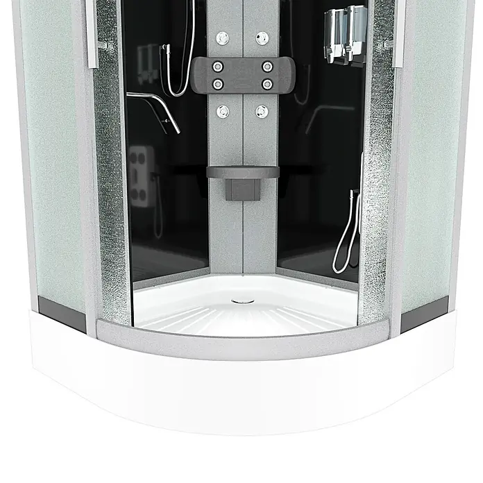 AcquaVapore Komplettdusche Fertigdusche D58-03M1-EC - Schwarz - Moderne Eckduschkabine mit weißer Wanne, grauem Rahmen, transparentem und strukturiertem Glas, schwarzen Rückwänden und Hydro-Massage-Düsen.