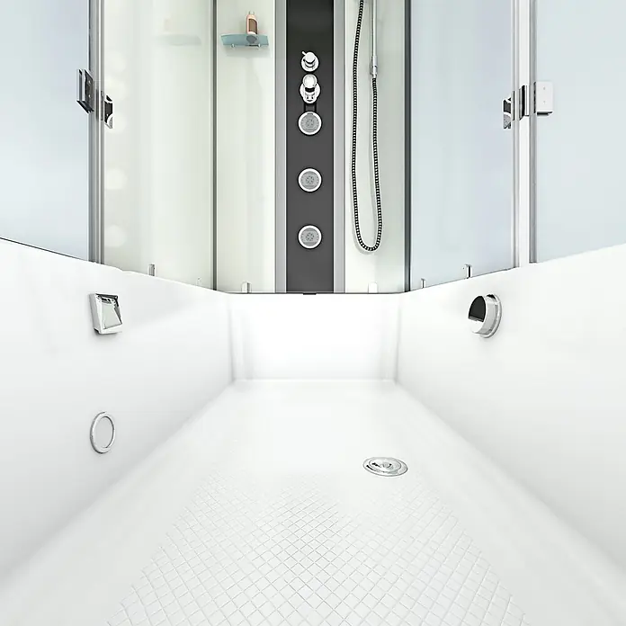 AcquaVapore Komplettdusche Fertigdusche K05-L00 - 180 x 90 x 225 cm, Weiß - Moderner weißer Duschkabinen-Innenraum mit texturiertem Boden, Chromarmaturen und Glaswänden.