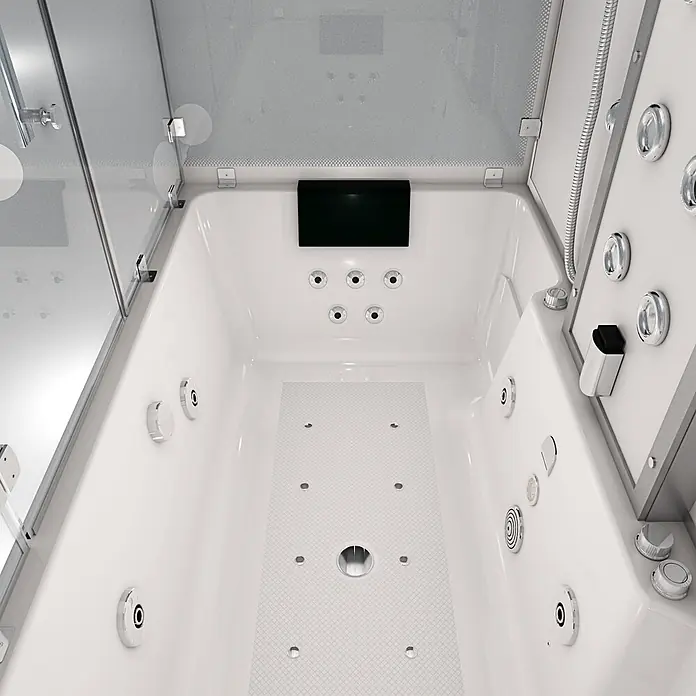 AcquaVapore Komplettdusche Dampfdusche K80-WS-EH-C-EC-SC - Weiß - Weißer Acryl-Whirlpool mit Hydromassage-Düsen, integriertem Bildschirm und Duschkabine mit Glaswänden.