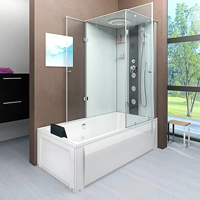 AcquaVapore Komplettdusche Fertigdusche K05-L00 - 180 x 90 x 225 cm, Weiß - Weiße Badewanne mit integrierter Duschkabine aus Klarglas, ausgestattet mit Kopf-, Hand- und Massagedusche. Mit schwarzer Kopfstütze.