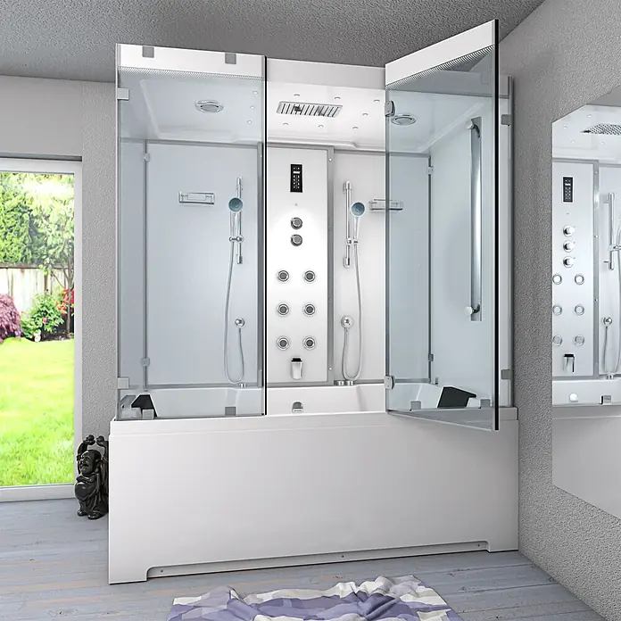AcquaVapore Komplettdusche Dampfdusche K80-WS-EH-C-EC-SC - Weiß - Moderne weiße Hydro-Massage Dusch- und Badewannenkombination mit Glaswänden, in einem hellen Badezimmer.