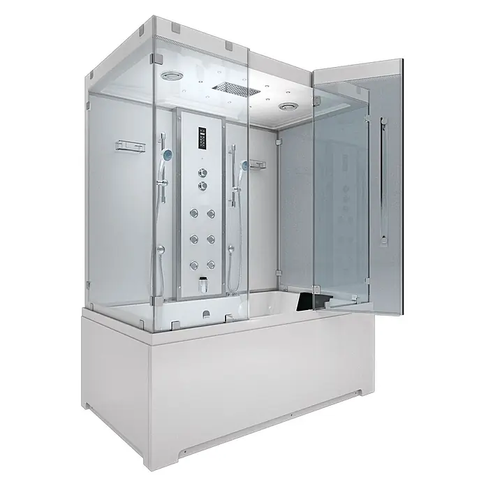 AcquaVapore Komplettdusche Dampfdusche K80-WS-EH-C-EC-SC - Weiß - Moderne weiße und graue Multifunktions-Duschkabine mit Badewanne, Klarglas-Gehäuse und mehreren Düsen.