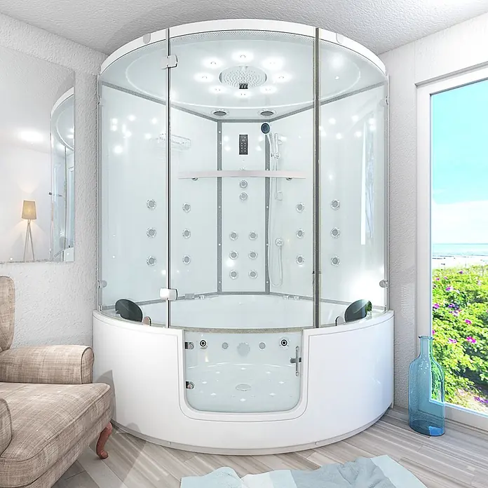 AcquaVapore Komplettdusche Dampfdusche K60-WS-TH - Weiß - Weiße, gebogene Glasduschkabine mit Hydromassage-Badewanne, Kopfbrause und Düsen.