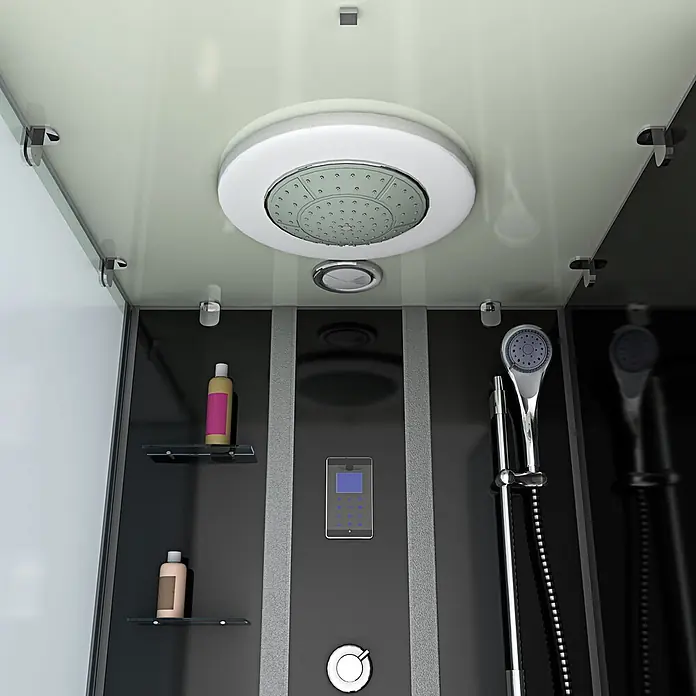 AcquaVapore Komplettdusche Fertigdusche K05-R31-EC - Schwarz - Modernes Duschkabinen-Interieur in Dunkelgrau mit Regendusche, Handbrause, digitalem Bedienfeld und zwei Ablagen.