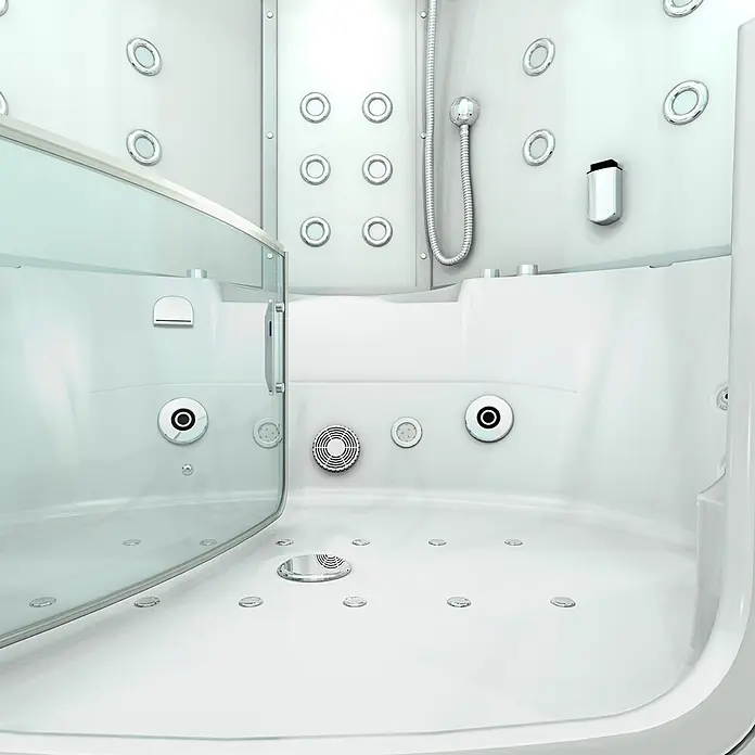 AcquaVapore Komplettdusche Dampfdusche K60-WS-EH - 140 x 140 x 210 cm, Weiß - Weiße Hydromassage-Duschkabine mit integrierter Whirlpool-Badewanne und klarer Glastür.