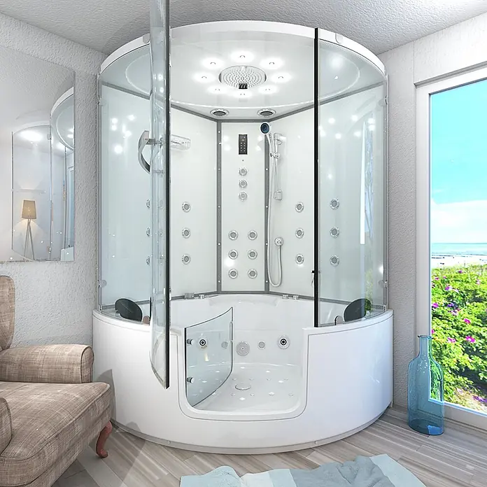 AcquaVapore Komplettdusche Dampfdusche K60-WS-TH - Weiß - Große, weiße, runde Duschkabine mit integrierter Whirlpool-Badewanne und Massagedüsen, in einem modernen Badezimmer.
