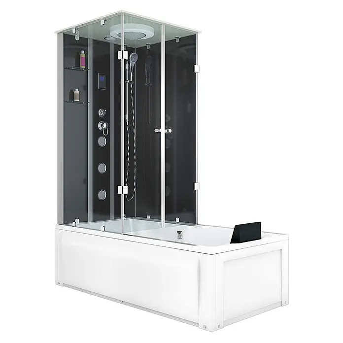 AcquaVapore Komplettdusche Fertigdusche K05-R31-EC - Schwarz - Moderne Duschkabine mit integrierter weißer Badewanne, dunkelgrauer Rückwand, klarer Glasabtrennung und Chromarmaturen.