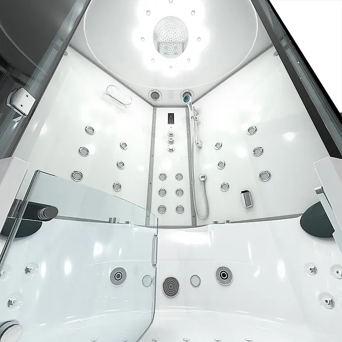 AcquaVapore Komplettdusche Dampfdusche K60-WS-TH - Weiß - Weiße moderne Duschkabine mit integrierter Wanne, Regen- und Handbrause sowie mehreren Massagedüsen, umgeben von Glas.