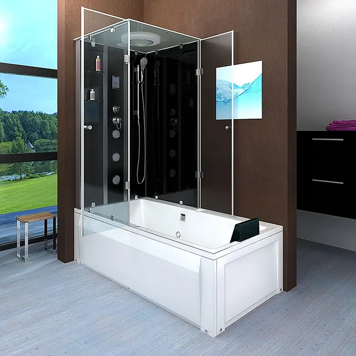 AcquaVapore Komplettdusche Fertigdusche K05-R31-EC - Schwarz - Weiße Badewanne mit integrierter Duschkabine aus Schwarzglas, ausgestattet mit mehreren Duschdüsen, in einem modernen Bad mit Ausblick.