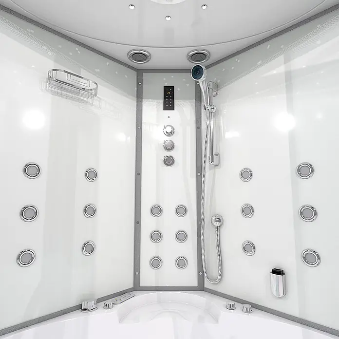 AcquaVapore Komplettdusche Dampfdusche K60-WS-TH - Weiß - Weiße Eckduschkabine mit mehreren Körperdüsen, einer Handbrause, Bedienfeld und Chromakzenten.