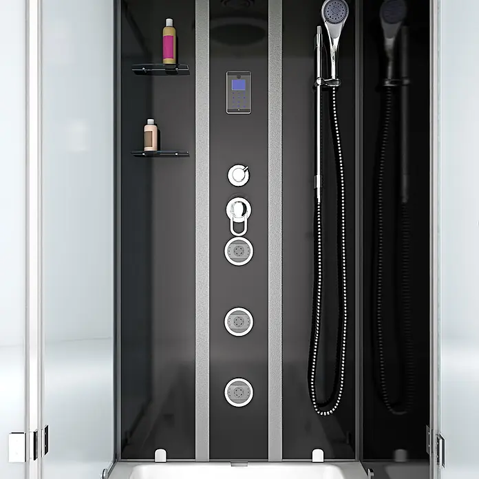 AcquaVapore Komplettdusche Fertigdusche K05-R31-EC - Schwarz - Moderner Duschkabinen-Innenraum mit dunkelgrauer Platte, Chromarmaturen, Digitalanzeige und Multifunktionsbrausen inklusive Massagedüsen. Zwei Ablagen sind vorhanden.
