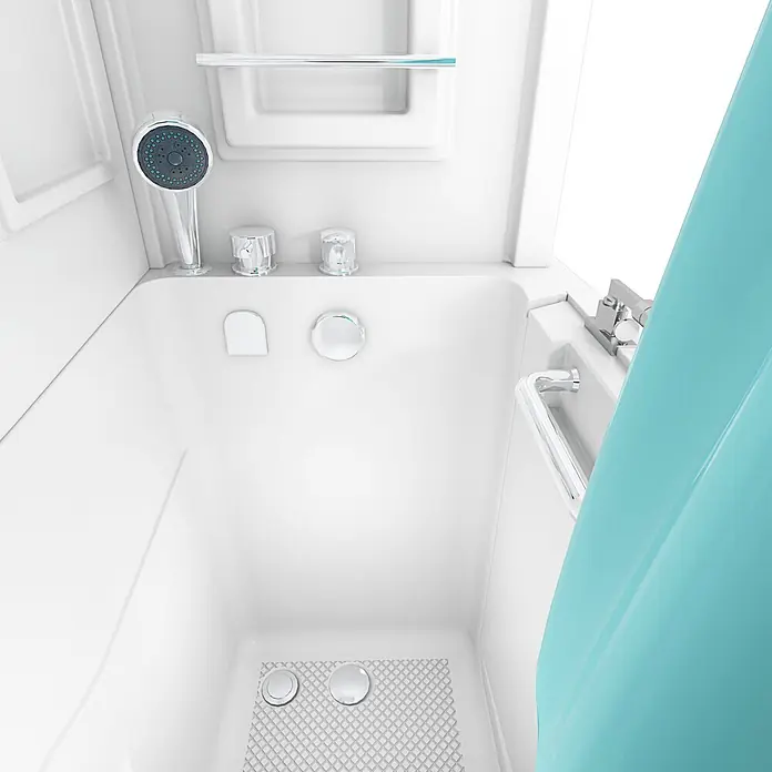 AcquaVapore Komplettdusche Fertigdusche S08D-B-L - Weiß - Kompakte weiße Dusch-Badewannen-Kombination mit Chromarmaturen und einem teilweise zugezogenen türkisfarbenen Duschvorhang.