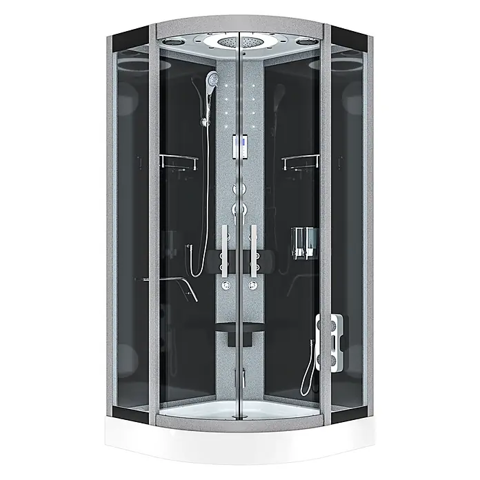 AcquaVapore Komplettdusche Dampfdusche D58-03T2-EC - 80 x 80 x 215 cm, Schwarz - Moderne Eckduschkabine mit grauem Strukturgestell, schwarzen Glasplatten und weißer Basis, mit mehreren Duschfunktionen.