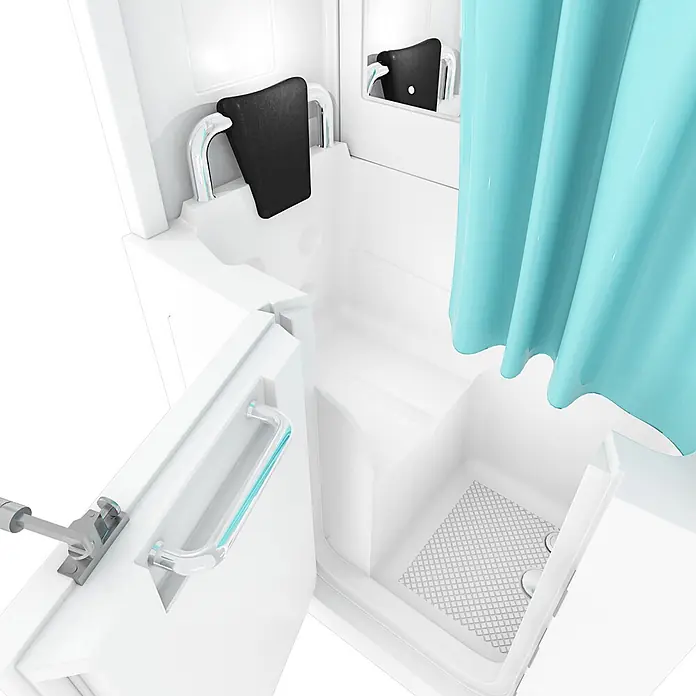 AcquaVapore Komplettdusche Fertigdusche S08D-B-L - Weiß - Weiße Kompakt-Badezimmereinheit mit Waschbecken, Duschbereich, Chromarmatur, schwarzem Kissen und türkisfarbenem Duschvorhang.