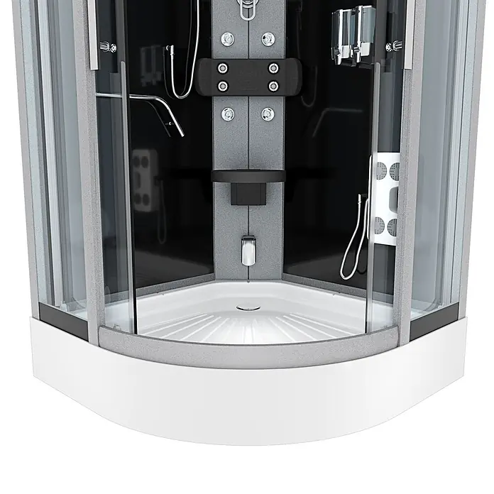AcquaVapore Komplettdusche Dampfdusche D58-03T2-EC - 80 x 80 x 215 cm, Schwarz - Moderne Eckduschkabine mit grau-schwarzem Interieur, Klarglastüren, weißer Duschwanne und Hydromassagedüsen.