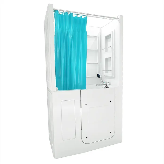 AcquaVapore Komplettdusche Fertigdusche S08D-B-L - Weiß - Weißes begehbares Wannen-Dusch-Kombigerät mit blauem Duschvorhang für barrierefreies Baden.