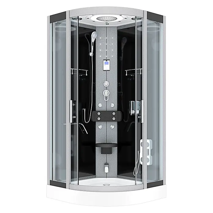 AcquaVapore Komplettdusche Dampfdusche D58-03T2-EC - 80 x 80 x 215 cm, Schwarz - Moderne Eckduschkabine mit grauen Strukturelementen, Klarglas, weißer Wanne und Chromarmaturen, mit Kopf-, Hand- und Körperbrausen.