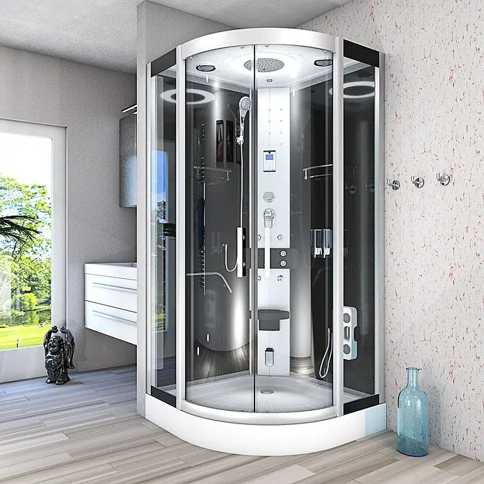 AcquaVapore Komplettdusche Dampfdusche D58-03T2-EC - 80 x 80 x 215 cm, Schwarz - Eine moderne Eckduschkabine mit Klarglastüren und schwarzen Akzenten, ausgestattet mit mehreren Duschköpfen.