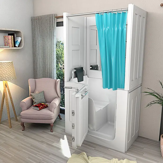 AcquaVapore Komplettdusche Fertigdusche S08D-B-L - Weiß - Weiße begehbare Duschkabine mit integriertem Sitz und blauem Duschvorhang, barrierefrei in einem Wohnraum.