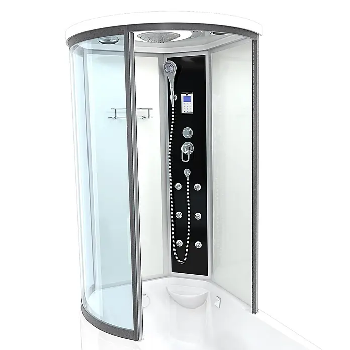 AcquaVapore Komplettdusche Fertigdusche K55-R01 - Weiß - Moderne weiß-schwarze Duschkabine mit transparentem Glas, ausgestattet mit Kopfbrause, Handbrause, Massagedüsen und digitalem Bedienfeld.