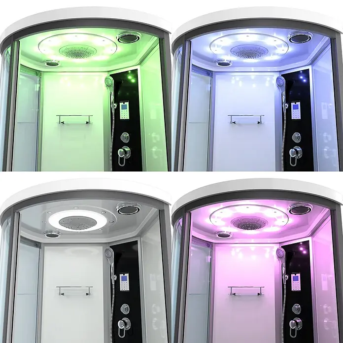 AcquaVapore Komplettdusche Fertigdusche K55-R01 - Weiß - Moderne Duschkabine mit weißem Rahmen, Glasgehäuse, schwarzem Bedienfeld und farbwechselnder LED-Deckenbeleuchtung.