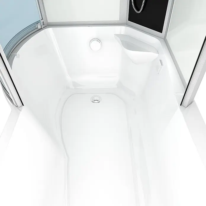 AcquaVapore Komplettdusche Fertigdusche K55-R01 - Weiß - Weißer, glänzender Duschkabineninnenraum mit texturierter Duschwanne und zentralem Ablauf.