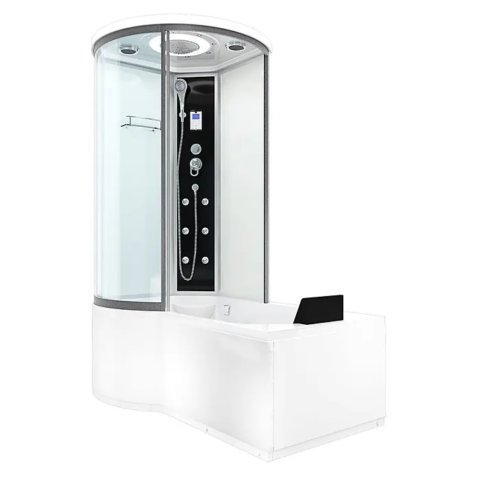 AcquaVapore Komplettdusche Fertigdusche K55-R01 - Weiß - Moderne weiße Duschkabine mit integrierter Badewanne, schwarzem Bedienfeld, Klarglastüren und grauem oberen Rand.