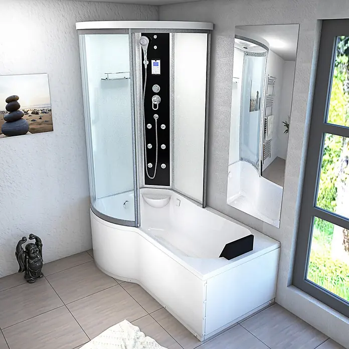 AcquaVapore Komplettdusche Fertigdusche K55-R01 - Weiß - Eckduschkabine mit integrierter weißer Badewanne und schwarzem Hydromassage-Duschpaneel, in modernem Bad.