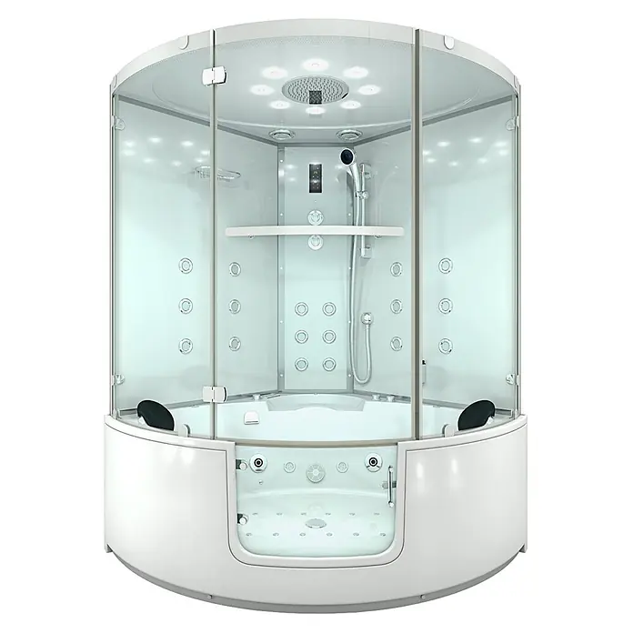 AcquaVapore Komplettdusche Dampfdusche K60-WS-EH - 140 x 140 x 210 cm, Weiß - Weiße multifunktionale Duschkabine mit Glaswänden, Kopfbrause, Massagedüsen und integrierter Badewanne.