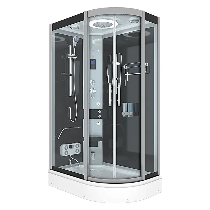AcquaVapore Komplettdusche Fertigdusche D60-73T0R-EC - 80 x 120 x 215 cm, Schwarz - Moderne Eckduschkabine mit Glaswänden, dunkelgrauem Interieur, Regendusche, Handbrause, Massagedüsen, Digitalpanel und Sitz.